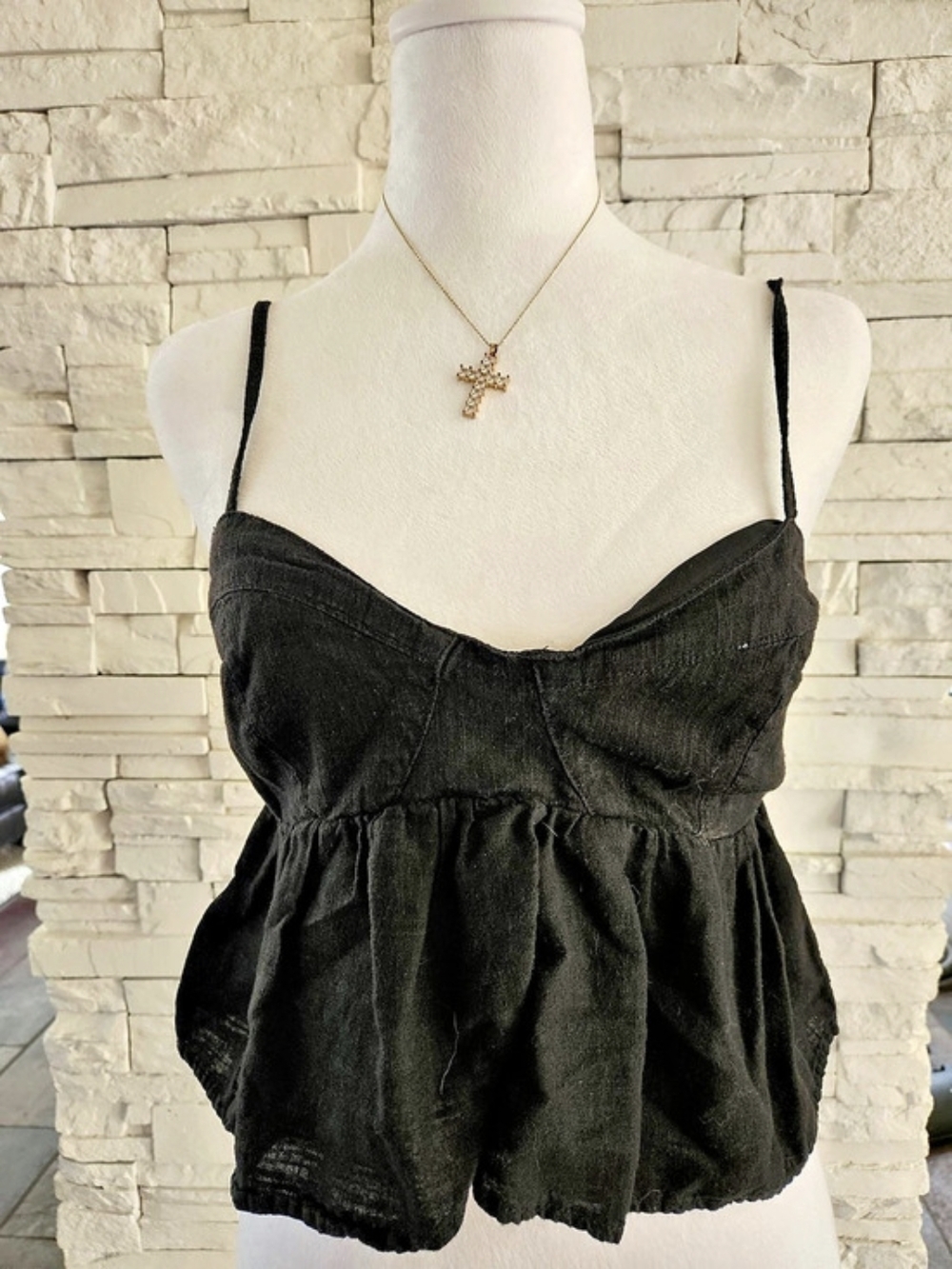 American Eagle Smocked Peplum Cami Black Size Medium